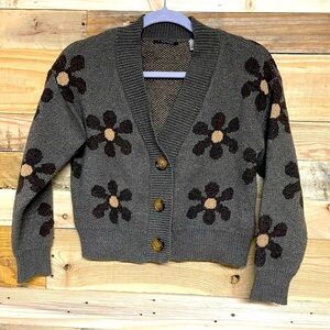 T Tahari size small brown floral button down crop cardigan sweater